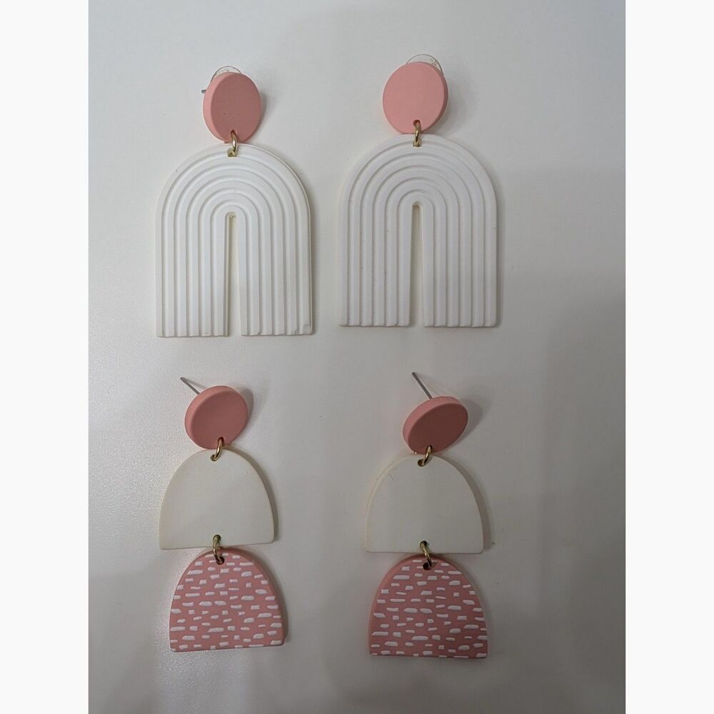 Set of 2 Boho Polymer Clay Pink & White Dangle Statement Earrings